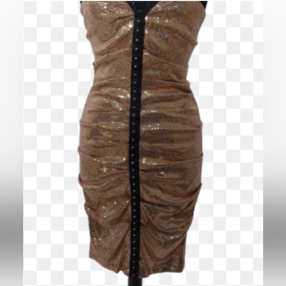 NWT 🔥Nicole Miller Dress Sz 6 Rose Gold Sequin Sleeveless Ruched Hourglass Midi